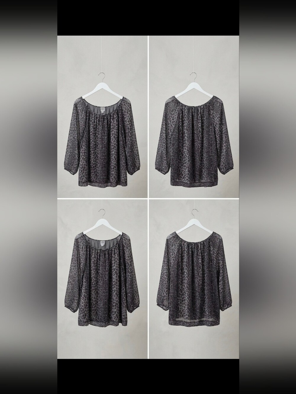 Anne Klein Sheer Grey Leopard-Print Peasant Blouse